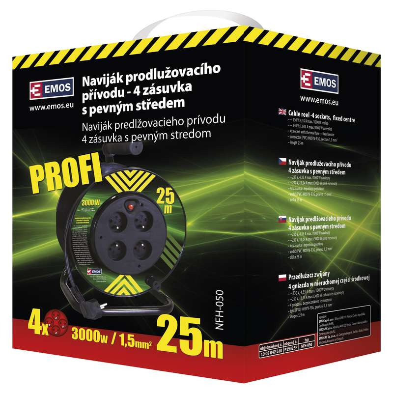 kábel predlžovací,PVC,čierny,na odvíjacom bubne,4 zásuvky,pevný stred,25m,~230V/13A 1