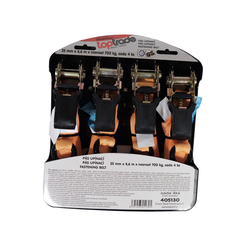 TOPTRADE pás upínaci, s hákmi a račňou, súprava 4 ks, do 700 kg, 25 mm x 4,6 m 2