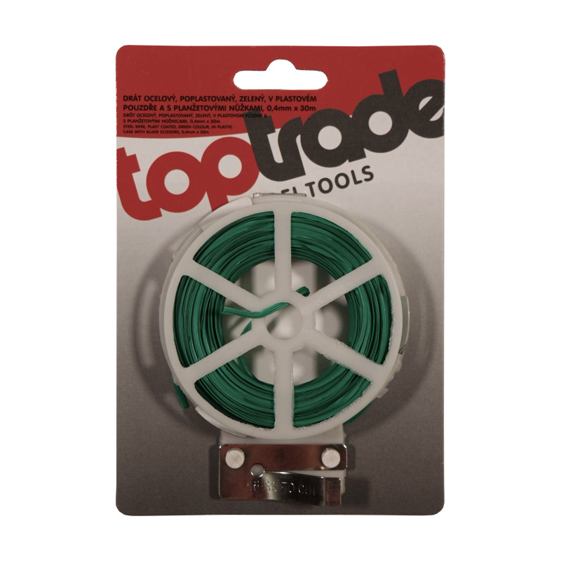 TOPTRADE drôt oceľový, poplast., zelený, planžet. nožnice v plast. puzdre, 0,4 mm x 30 m 1