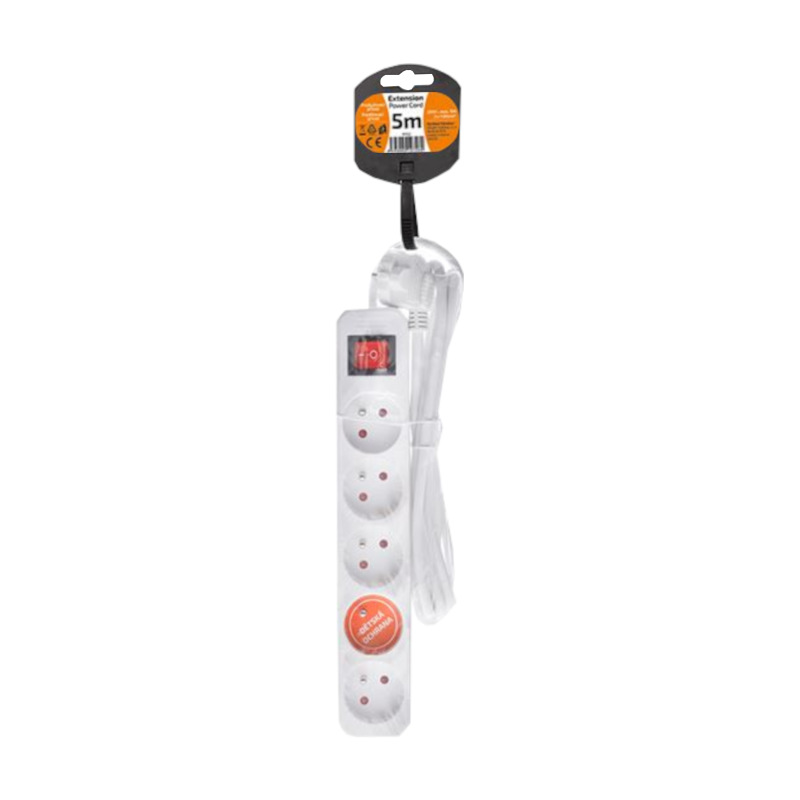 kábel predlžovací, biely, 5 zásuviek, s vypínačom, 5 m, ~ 250 V / 10 A 1