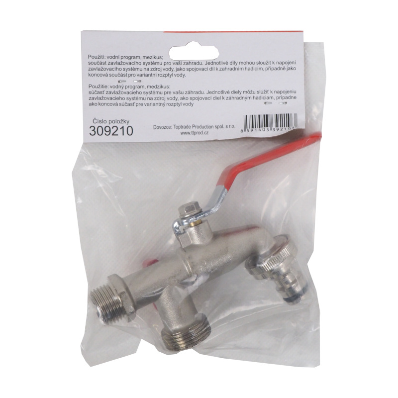 TOPTRADE ventil záhradný, s adaptérom, ventil 1 x 1/2" + 2 x 3/4" koncovka 2