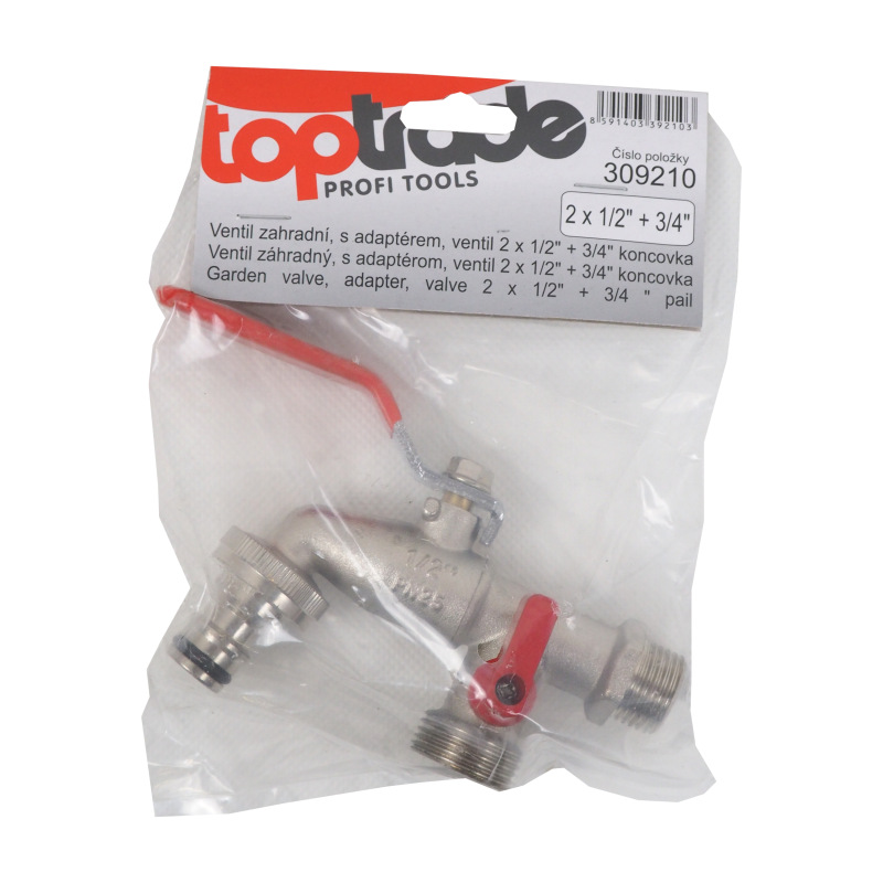 TOPTRADE ventil záhradný, s adaptérom, ventil 1 x 1/2" + 2 x 3/4" koncovka 1
