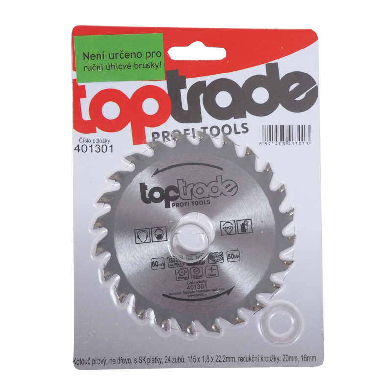 TOPTRADE kotúč pílový, na drevo, s SK plátkami, 24 zubov. 115 x 1,8 x 22,2/20/16 mm 1