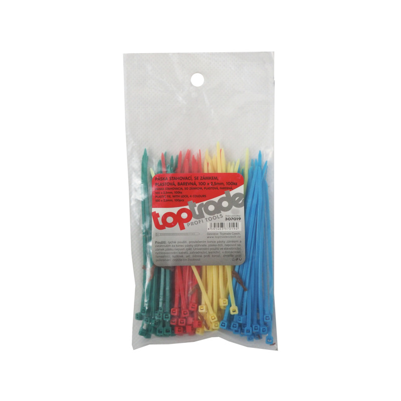 TOPTRADE pások plastový, farebný, sťahovacie, so zámkom, 100 ks, 100 x 2,5 mm 1