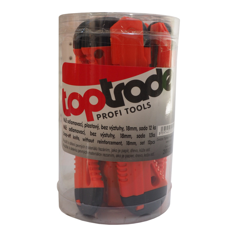 TOPTRADE nôž odlamovací, plastový, bez výztuhy, v tube, súprava 12 ks, 18 mm