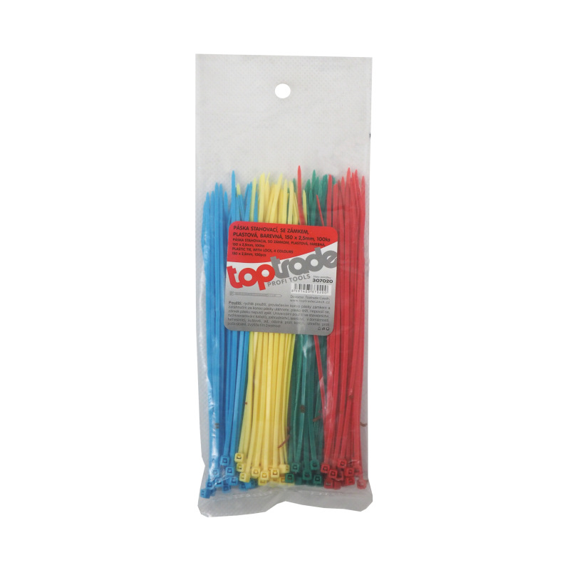 TOPTRADE pások plastový, farebný, sťahovacie, so zámkom, 100 ks, 150 x 2,5 mm 1