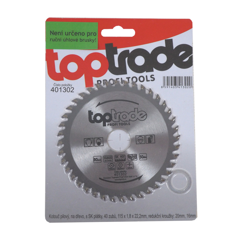 TOPTRADE kotúč pílový, na drevo, s SK plátkami, 40 zubov, 115 x 1,8 x 22,2/20/16 mm 1