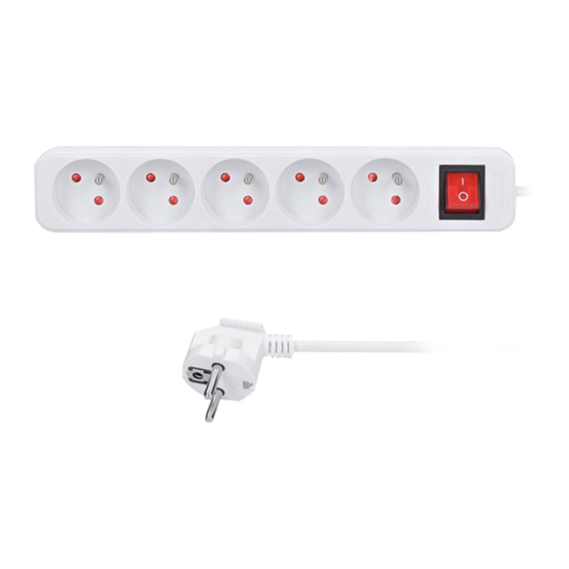 kábel predlžovací, biely, 5 zásuviek, s vypínačom, 5 m, ~ 250 V / 10 A