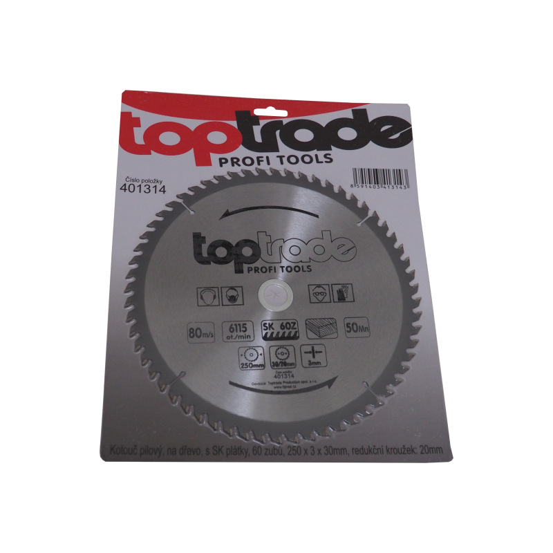 TOPTRADE kotúč pílový, na drevo, s SK plátkami, 60 zubov, 250 x 3 x 30/20 mm 1