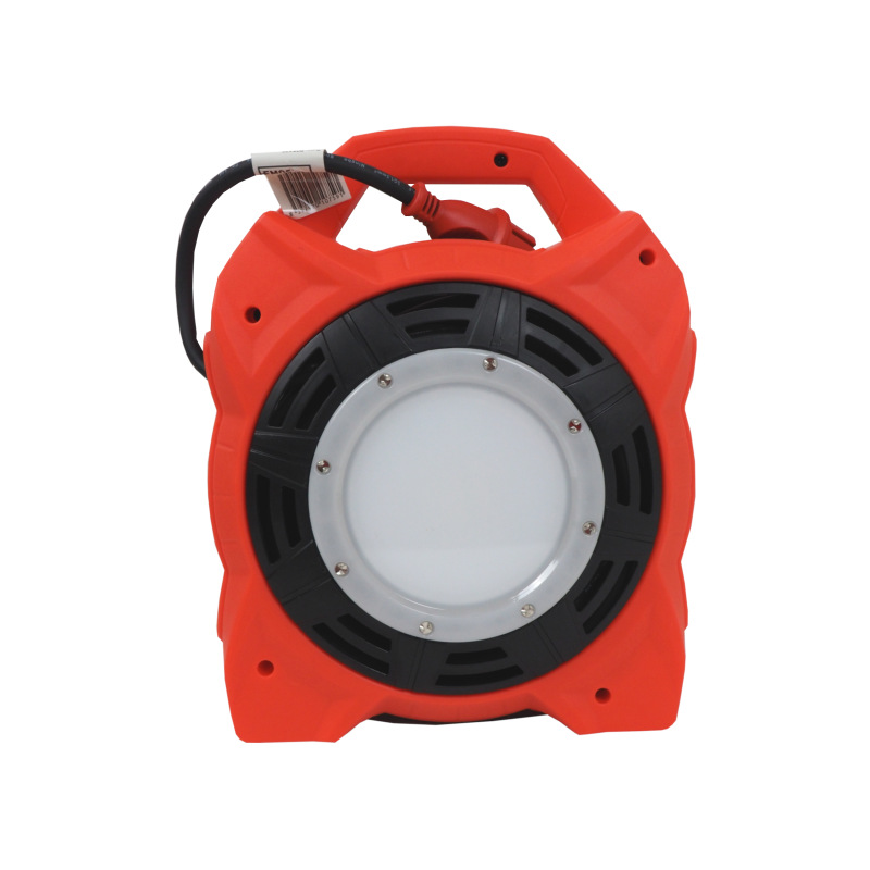 kábel predlžovací, čierny, na odvíjacom bubne, 4 zásuvky, 20m, 230V/13A, LED reflektor 4