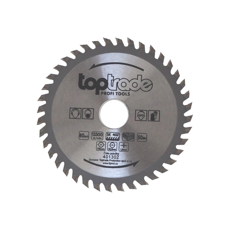 TOPTRADE kotúč pílový, na drevo, s SK plátkami, 40 zubov, 115 x 1,8 x 22,2/20/16 mm