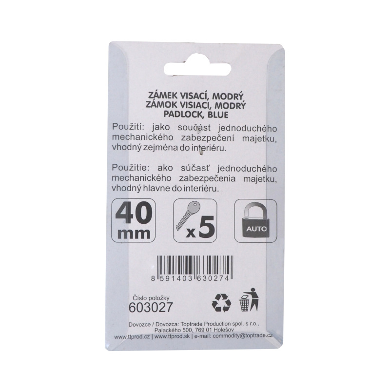 TOPTRADE zámok visiaci, modrý, 5 kľúčov, 40 mm 2