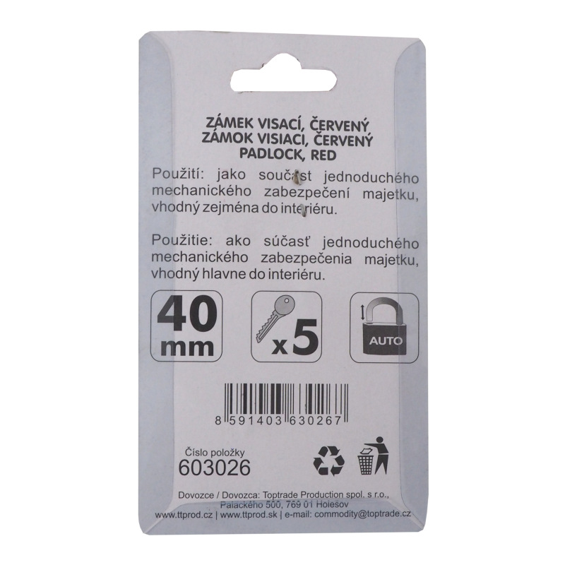 TOPTRADE zámok visiaci, červený, 5 kľúčov, 40 mm 2