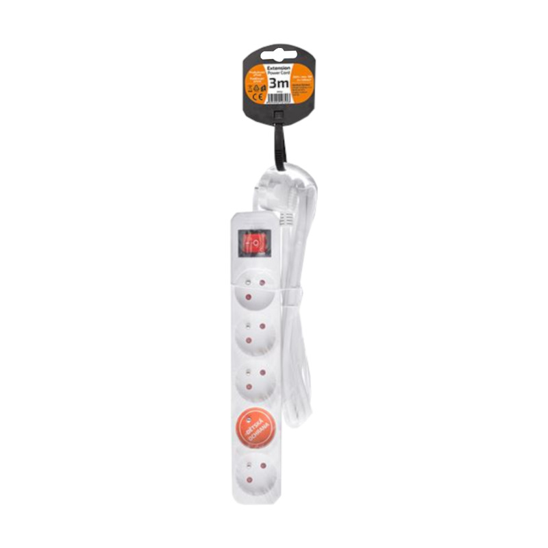 kábel predlžovací, biely, 5 zásuviek, s vypínačom, 3 m, ~ 250 V / 10 A 1
