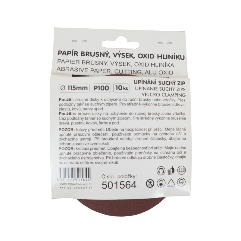 TOPTRADE papier brúsny, so suchým zipsom, zrnitosť 100, balenie 10 ks, O 115 mm 2