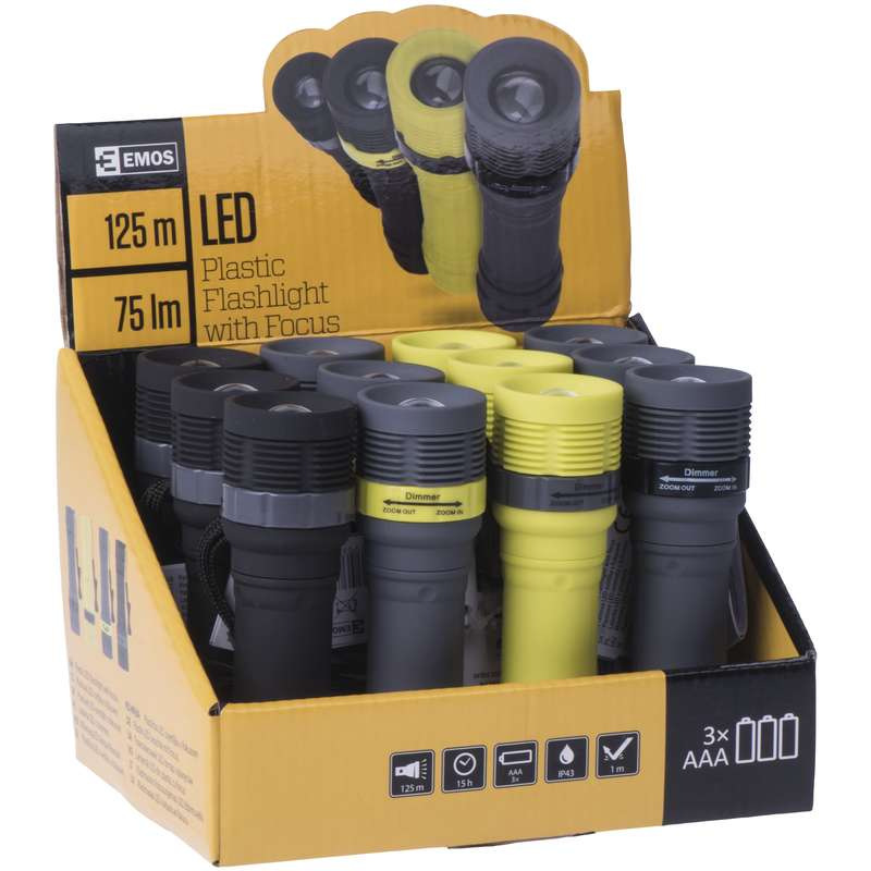 svietidlo plastové, LED 3 W, s fokusom, dosvit 75 m, 3x AAA 1,5 V 1