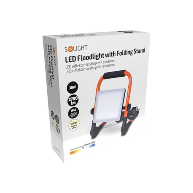 reflektor LED, so sklopným stojanom, 30W, 2700lm, 4000K, kábel so zástrčkou, IP65 1