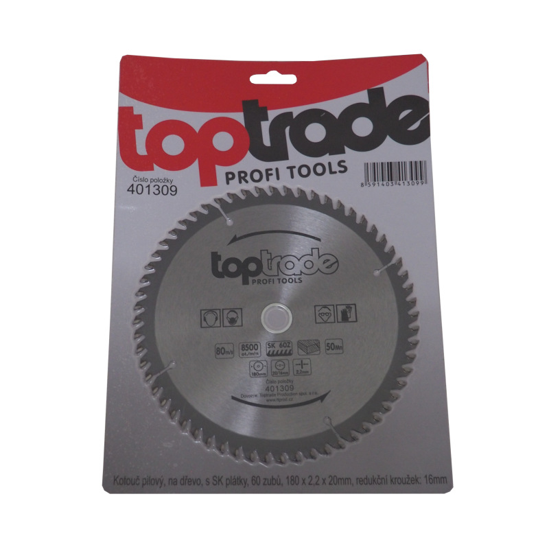 TOPTRADE kotúč pílový, na drevo, s SK plátkami, 60 zubov, 180 x 2,2 x 20/16 mm 1